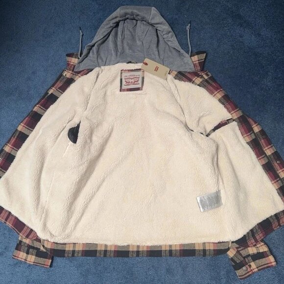 Levi's Plaid Flannel Sherpa Lined Shacket Mens L Hooded Cozy Gorpcore Workwear - Picture 8 of 16